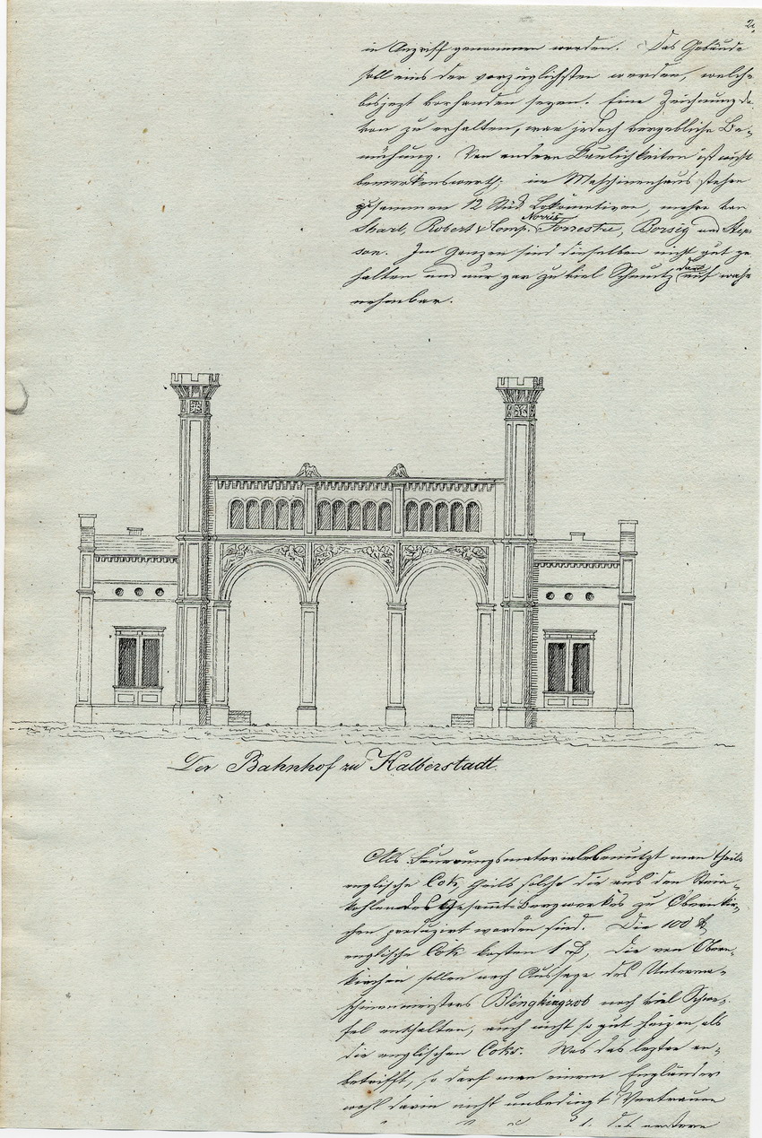 Zeichnungen: Gebäude der Bahnhöfe Dresden, Leipzig und Halberstadt, Kassel, den 10. November 1843.