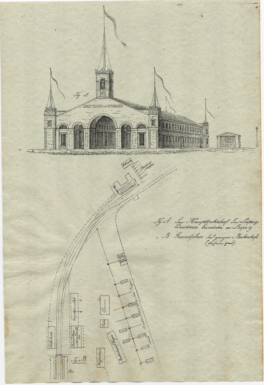Zeichnungen: Gebäude der Bahnhöfe Dresden, Leipzig und Halberstadt, Kassel, den 10. November 1843.