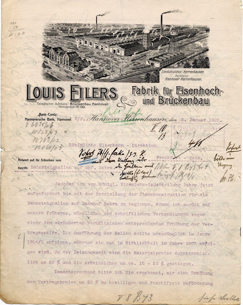 Louis Eilers Fabrik für Eisenhoch- und Brückenbau: Anfrage um Erhöhung der Vertragspreise für Eisenkonstruktionen, Hannover, den 5. Januar 1907.