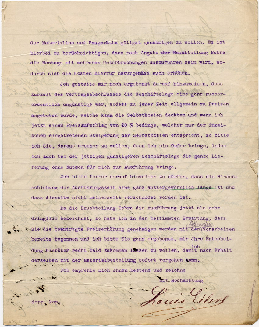 Louis Eilers Fabrik für Eisenhoch- und Brückenbau: Anfrage um Erhöhung der Vertragspreise für Eisenkonstruktionen, Hannover, den 5. Januar 1907.