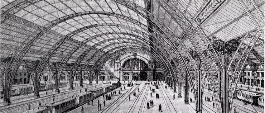 Fotographie: Innenansicht des Frankfurter Hauptbahnhofs, 1888.