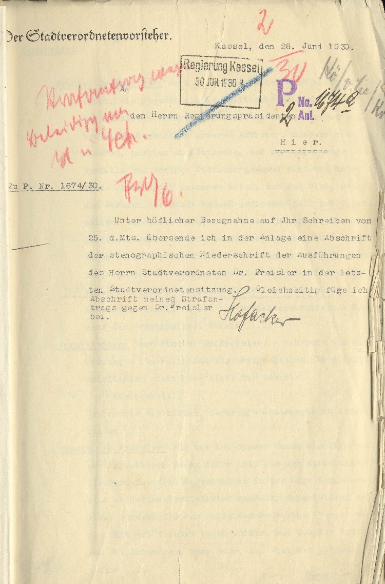 Antwortschreiben des Stadtverordnetenvorstehers von Kassel an den Regeirungspräsidenten, betr. die Mitschrift von Freislers Äußerungen vom23.06.1930