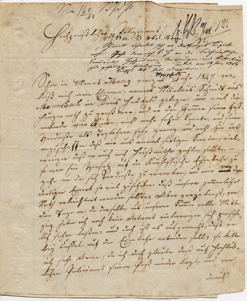 Brief von Susanna Schmidt an die Polizeidirektion Kassel, Mannsbach bei Hünfeld, den 6. Januar 1848.