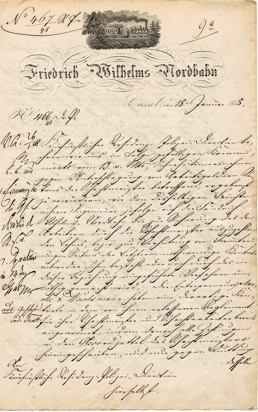 Information der Direktion der Friedrich-Wilhelms-Nordbahn an die Residenzpolizeidirektion Kassel, Kassel, den 18. Januar 1848.