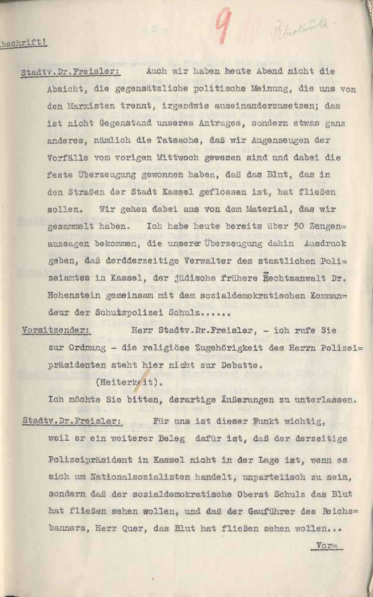 Auszug aus der stenographischen Mitschrift der Stadtverordnetenversammlung Kassel vom 23.06.1930