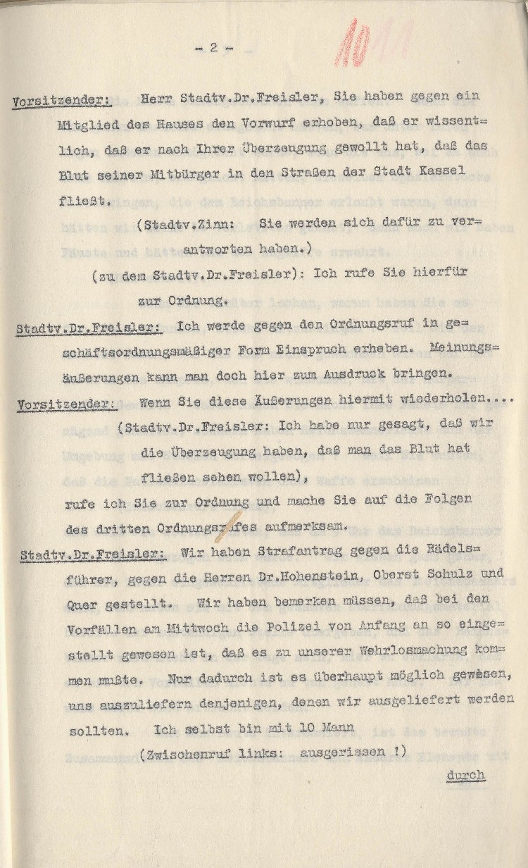 Auszug aus der stenographischen Mitschrift der Stadtverordnetenversammlung Kassel vom 23.06.1930