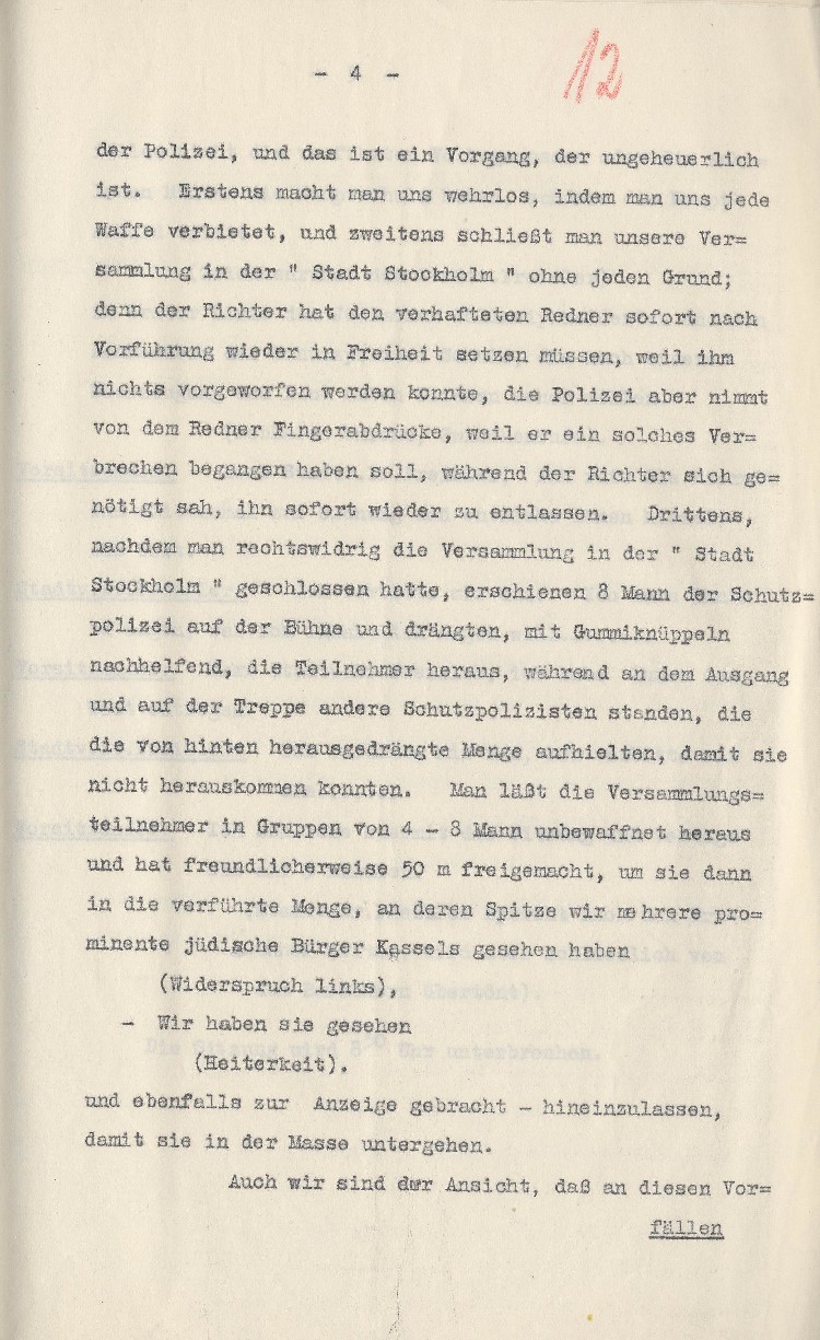 Auszug aus der stenographischen Mitschrift der Stadtverordnetenversammlung Kassel vom 23.06.1930