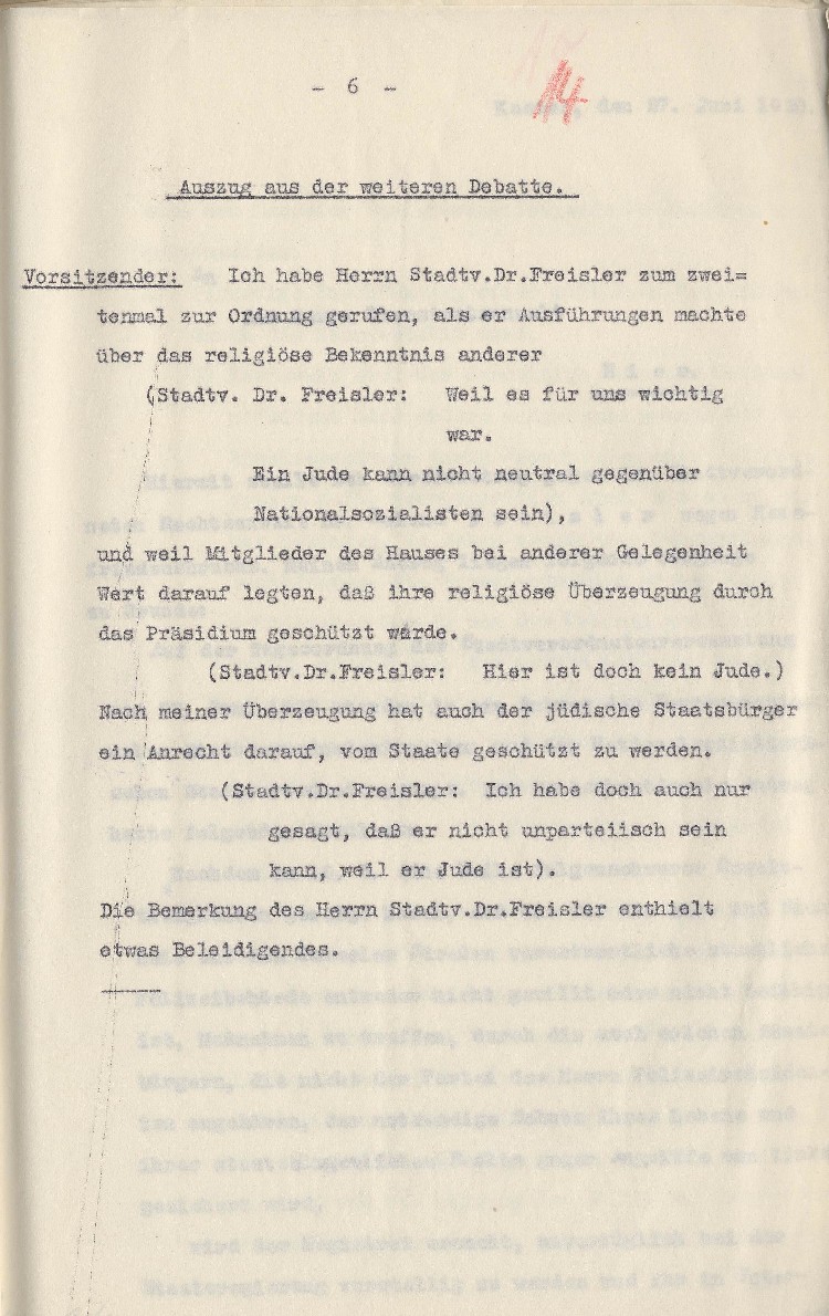 Auszug aus der stenographischen Mitschrift der Stadtverordnetenversammlung Kassel vom 23.06.1930