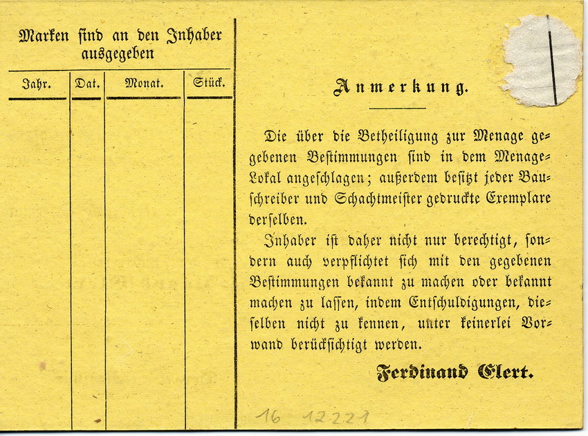 Verpflegungskarte und -plan für Eisenbahnbauarbeiter, 8. bis 20. März 1847.