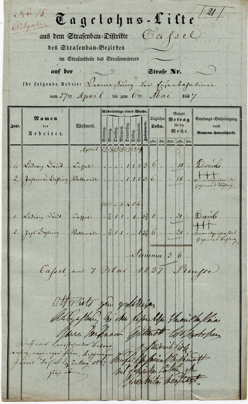 Tagelohnliste für Vermessungsarbeiter, Kassel, vom 27. April bis zum 6. Mai 1837.