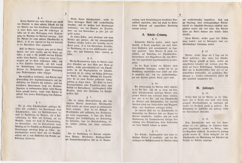 Arbeits-Bedingungen und Verhaltungs-Vorschriften für die beim Bau der Bebra-Fulda-Hanauer Eisenbahn beschäftigten Arbeiter, Kassel, den 4. Mai 1846.