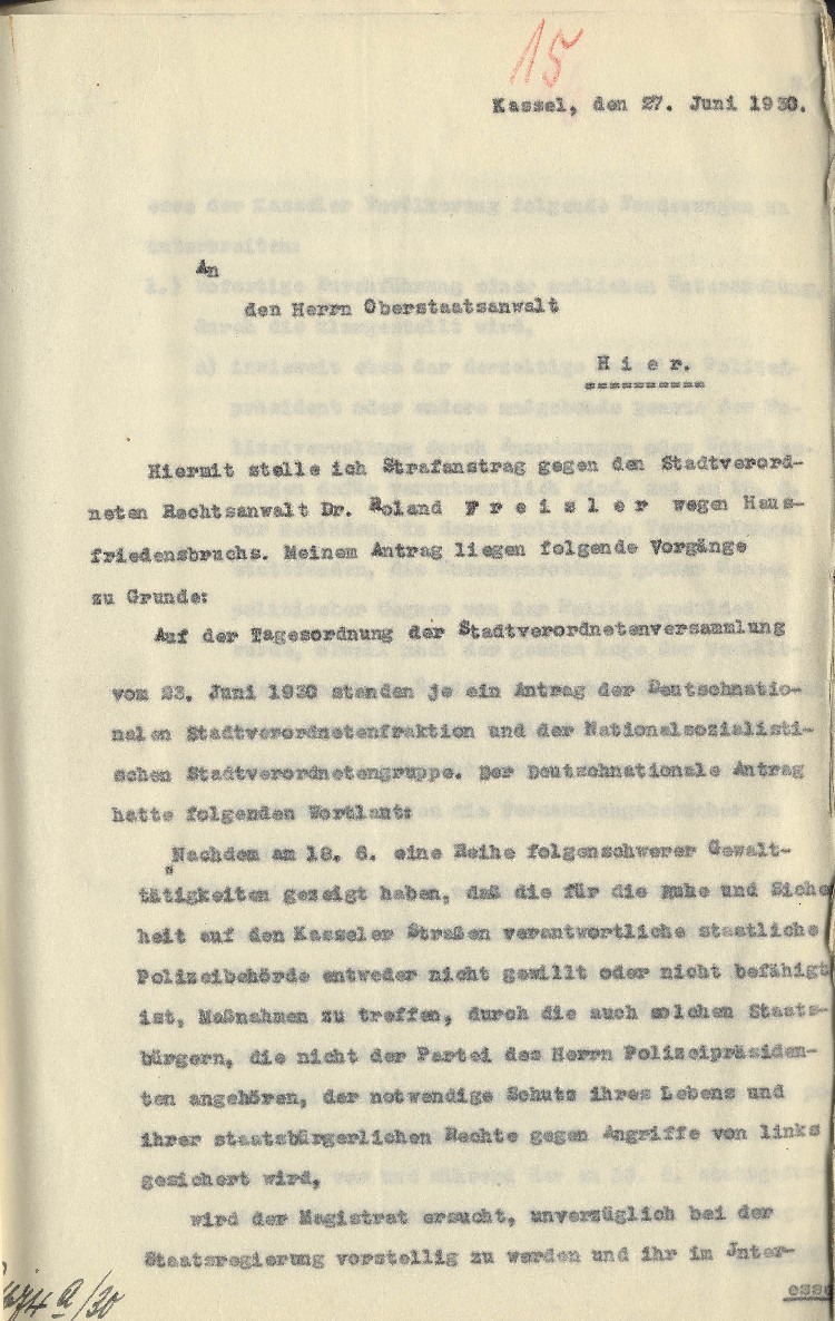 Strafantrag des Stadtverordnetenvorstehers Kassel Hofacker gegen Dr. Freisler