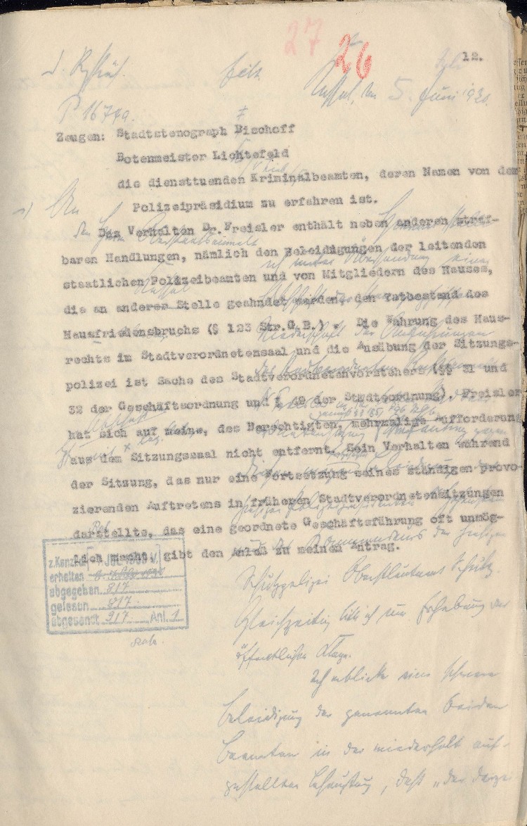 Strafantrag des Stadtverordnetenvorstehers Kassel Hofacker gegen Dr. Freisler