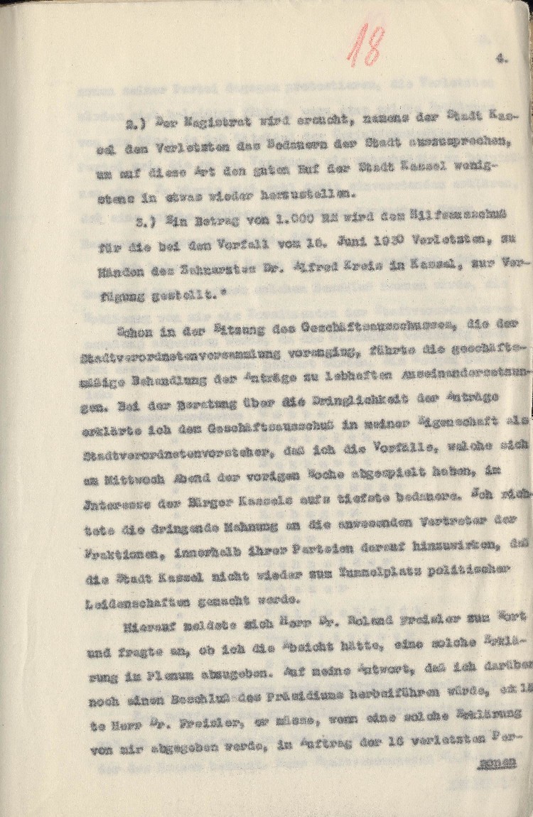 Strafantrag des Stadtverordnetenvorstehers Kassel Hofacker gegen Dr. Freisler