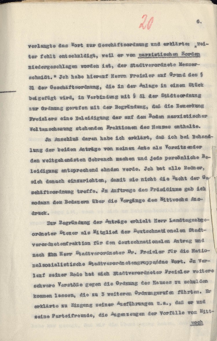 Strafantrag des Stadtverordnetenvorstehers Kassel Hofacker gegen Dr. Freisler