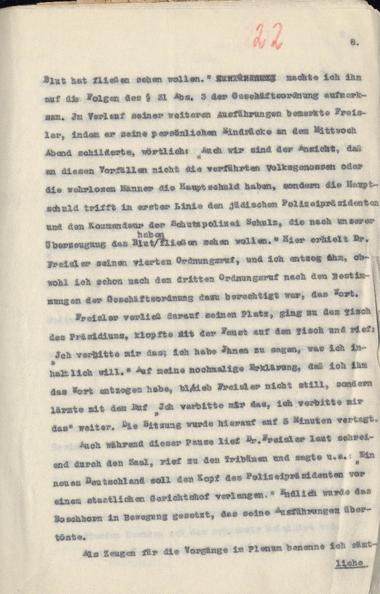 Strafantrag des Stadtverordnetenvorstehers Kassel Hofacker gegen Dr. Freisler
