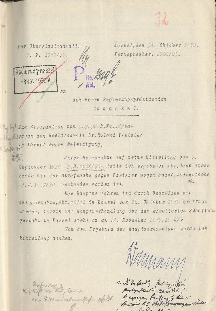 Oberstaatsanwalt Wellmann an den Regierungspräsidenten von Kassel, Dr. Friedensburg, betr. Strafverfahren gegen Dr. Freisler