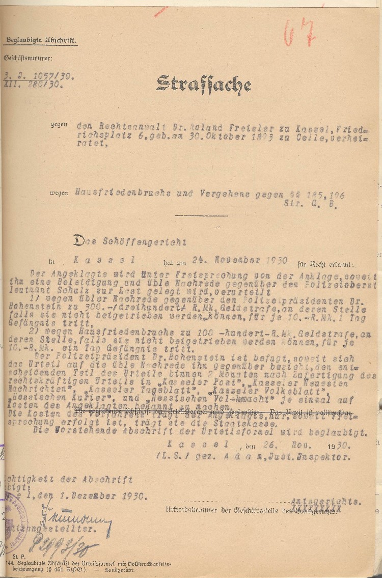 Abschrift des Urteils des Schöffengerichts Kassel vom 24.11.1930 in der Strafsache gegen Freisler