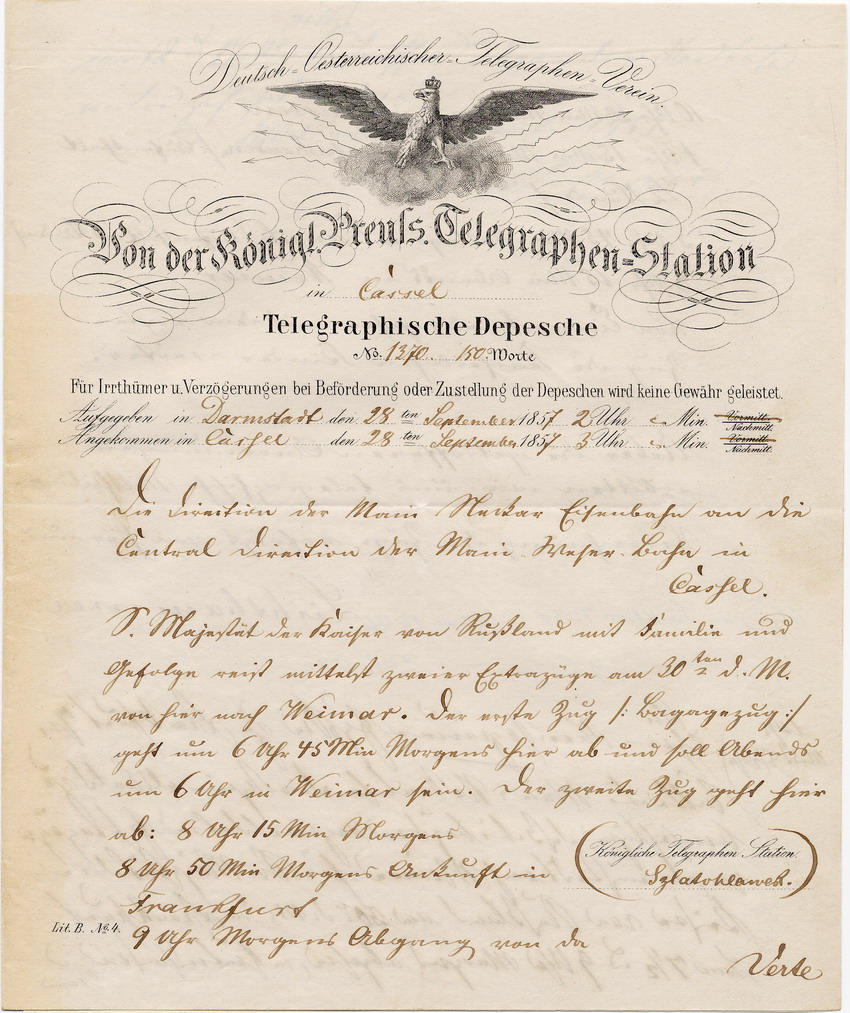Majestäten auf Reisen: Ankündigungen der Bahnreisen des Kaisers von Russland mit Extrazug von Berlin nach Darmstadt sowie von Darmstadt nach Weimar, Darmstadt, den 14. und 28. September 1857.