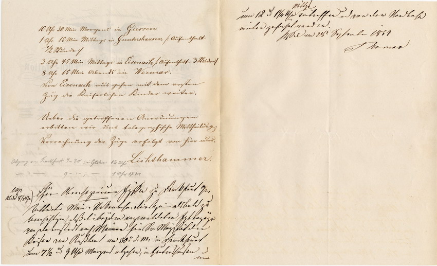 Majestäten auf Reisen: Ankündigungen der Bahnreisen des Kaisers von Russland mit Extrazug von Berlin nach Darmstadt sowie von Darmstadt nach Weimar, Darmstadt, den 14. und 28. September 1857.