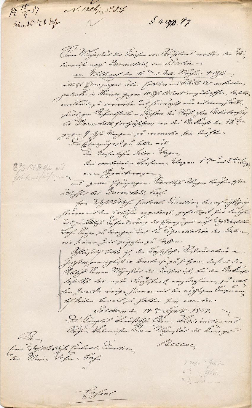 Majestäten auf Reisen: Ankündigungen der Bahnreisen des Kaisers von Russland mit Extrazug von Berlin nach Darmstadt sowie von Darmstadt nach Weimar, Darmstadt, den 14. und 28. September 1857.