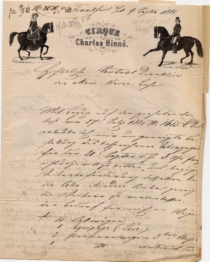 Anforderung eines Extrazuges durch den Zirkus Charles Hinné für die Reise von Frankfurt nach Düsseldorf, 
Frankfurt, den 9. September 1863.