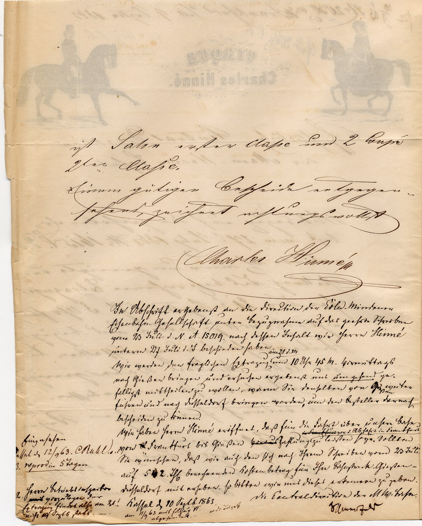 Anforderung eines Extrazuges durch den Zirkus Charles Hinné für die Reise von Frankfurt nach Düsseldorf, 
Frankfurt, den 9. September 1863.