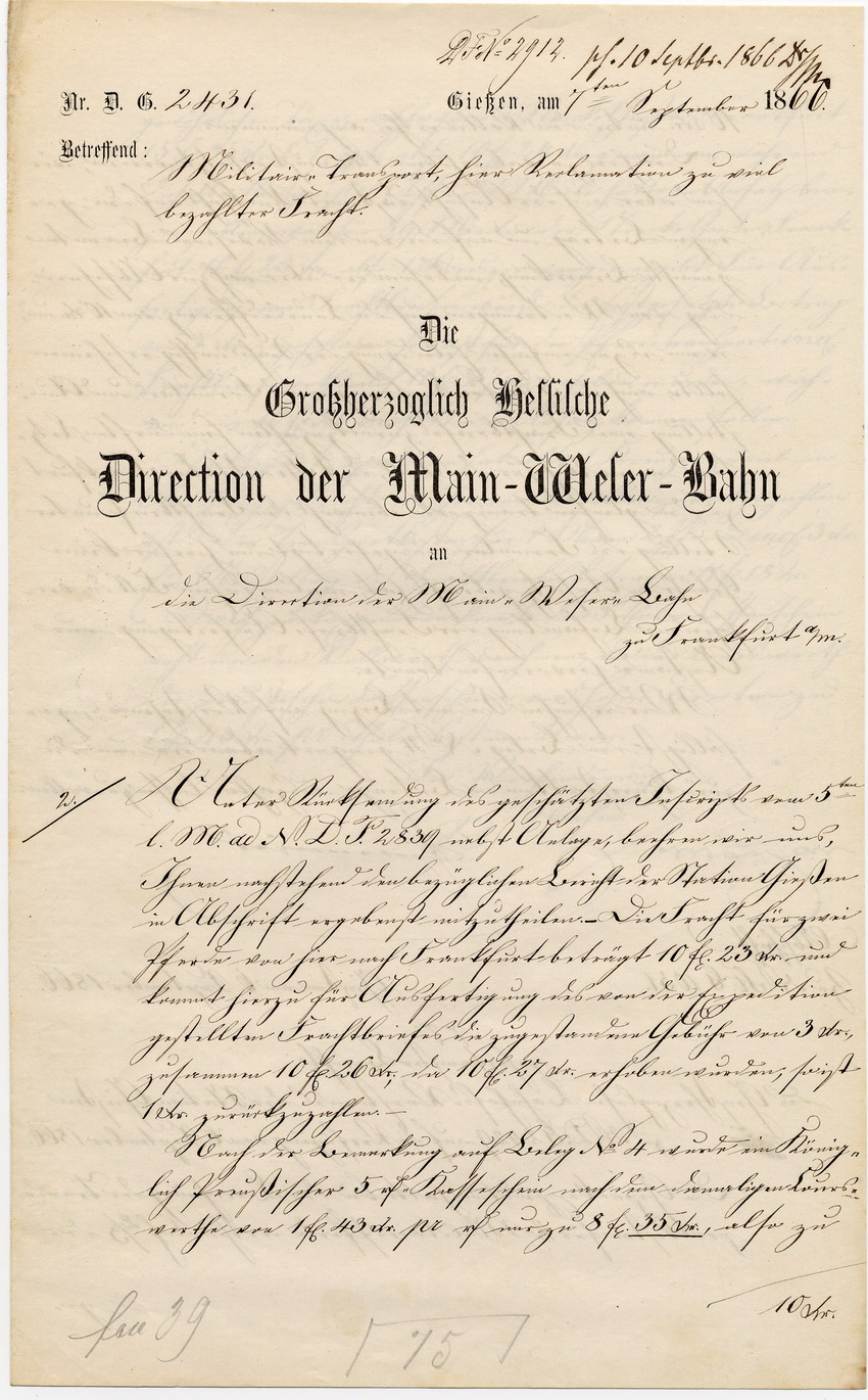 Akte über Militär-Transporte der Main-Weser-Bahn, Frankfurt 1862 bis 1866.