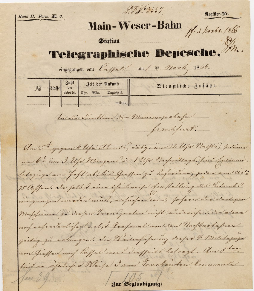Akte über Militär-Transporte der Main-Weser-Bahn, Frankfurt 1862 bis 1866.