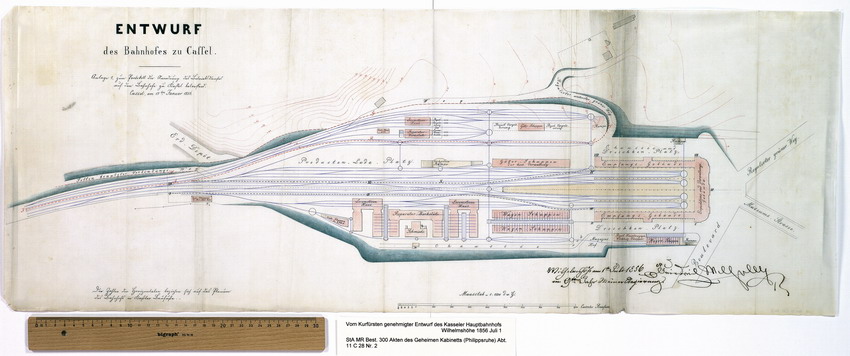 Karte: Entwurf des Kasseler Hauptbahnhofs, Wilhelmshöhe, den 1. Juli 1856.