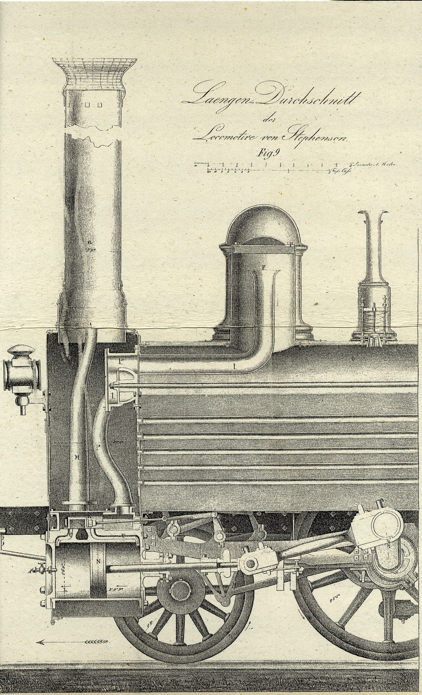 Technische Zeichnung: "Laengen-Durchschnitt der Locomotive von Stephenson", Kassel 1847.