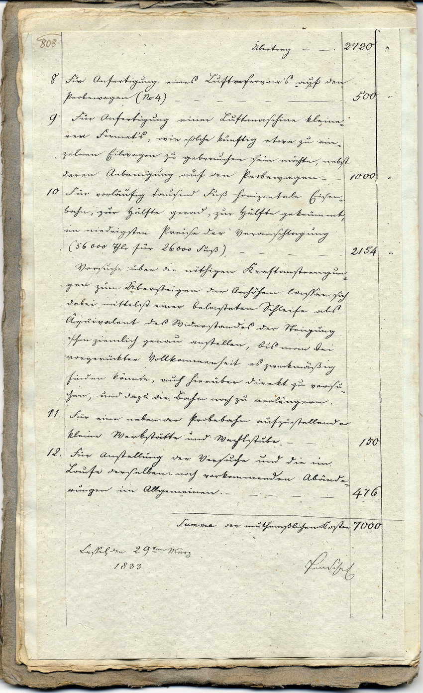 Kostenanschlag des Oberbergrats Carl Anton Henschel für eine Verbesserung der Eisenbahnkonstruktion, 
Kassel, den 29. März 1833.