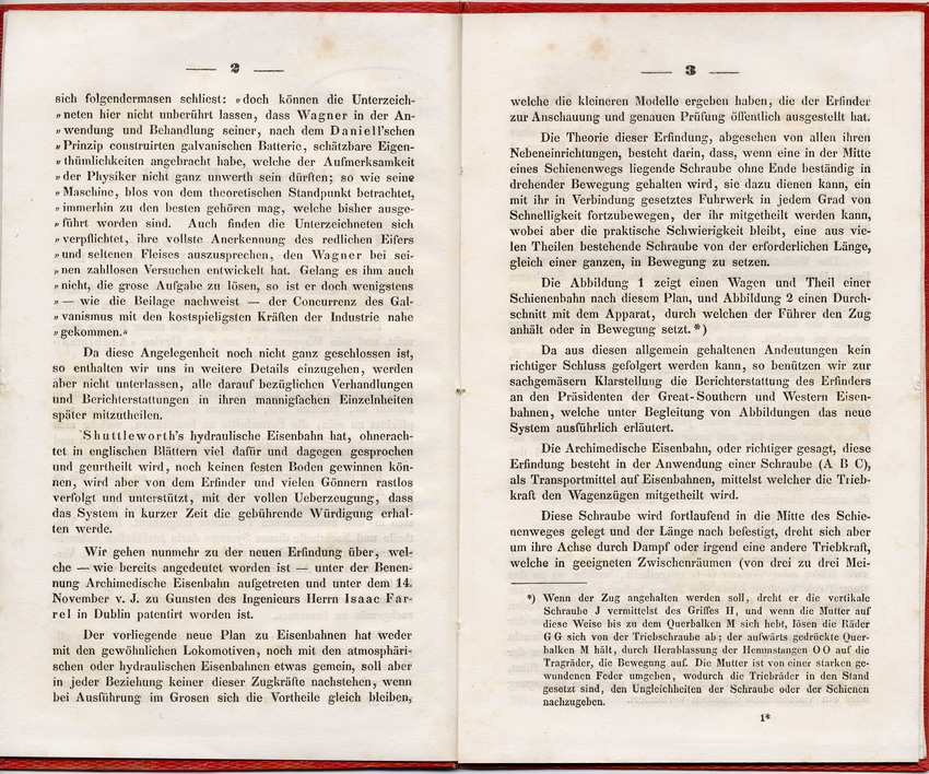 Publikationen und Manuskripte zur technischen Verbesserung der Eisenbahnen: Archimedische Eisenbahn vom Hofrat und Direktor der Taunus-Eisenbahn Johann A. Beil, Frankfurt am Main im Juni 1845.