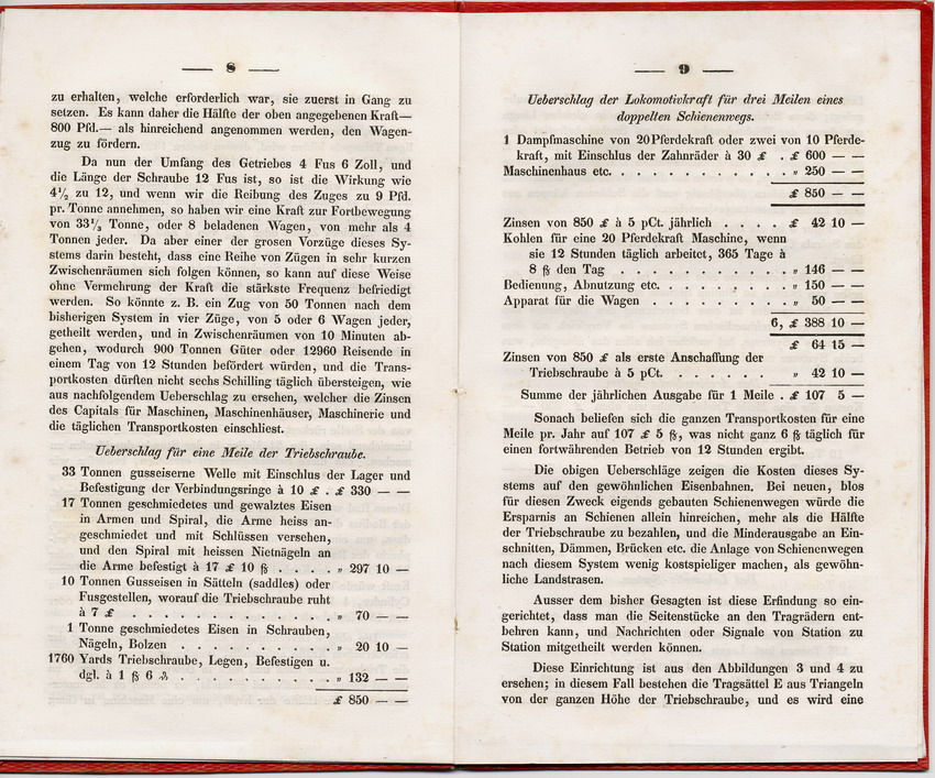 Publikationen und Manuskripte zur technischen Verbesserung der Eisenbahnen: Archimedische Eisenbahn vom Hofrat und Direktor der Taunus-Eisenbahn Johann A. Beil, Frankfurt am Main im Juni 1845.