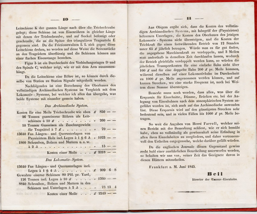 Publikationen und Manuskripte zur technischen Verbesserung der Eisenbahnen: Archimedische Eisenbahn vom Hofrat und Direktor der Taunus-Eisenbahn Johann A. Beil, Frankfurt am Main im Juni 1845.