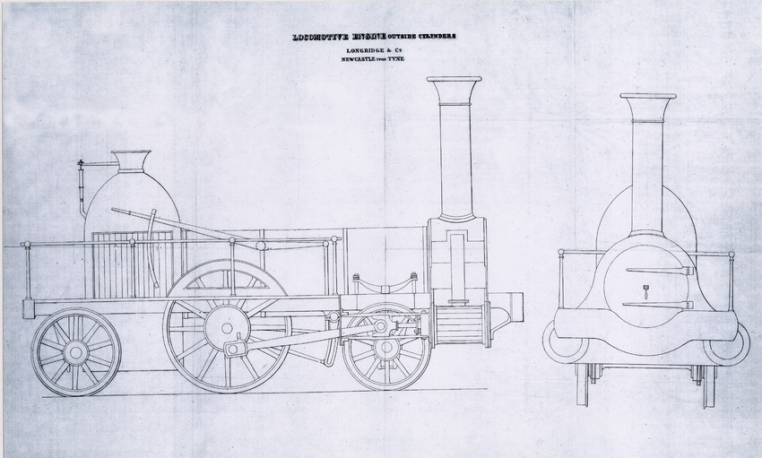 Zeichnung: Lokomotive der Firma Longridge & Co. für die Friedrich-Wilhelms-Nordbahn, Newcastle 1844.