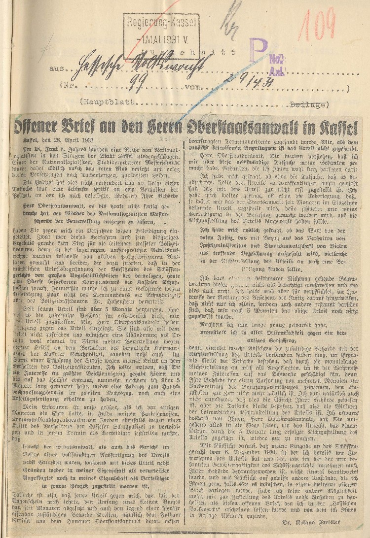 Offener Brief an den Oberstaatsanwalt in Kassel