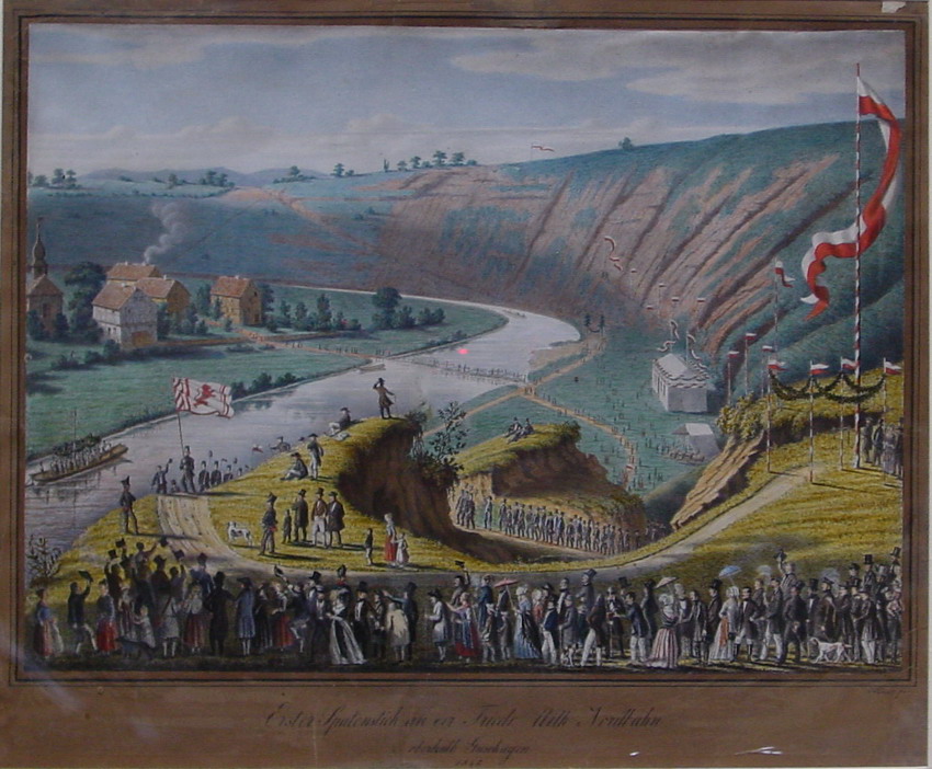 Farblithographie von Conrad Löwer: Erster Spatenstich der Friedrich-Wilhelms-Nordbahn bei Guxhagen, 1845.