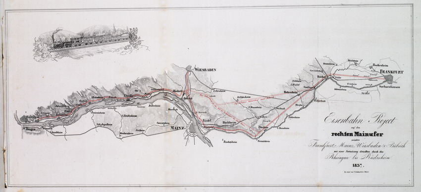 Streckenpläne der Bahnlinien von Frankfurt nach Rüdesheim, von Kassel nach Marburg und von Hanau nach Frankfurt.
