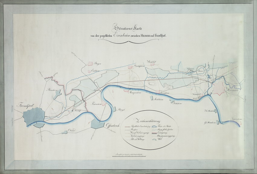 Streckenpläne der Bahnlinien von Frankfurt nach Rüdesheim, von Kassel nach Marburg und von Hanau nach Frankfurt.