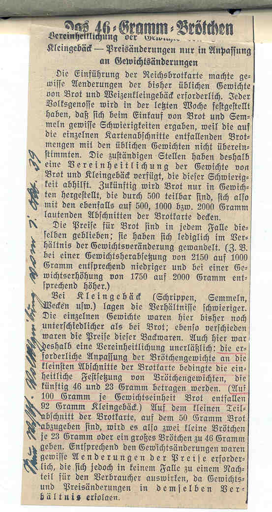 Preisüberwachung bei Brot und Kleingebäck, Herford 1939 bis 1942.