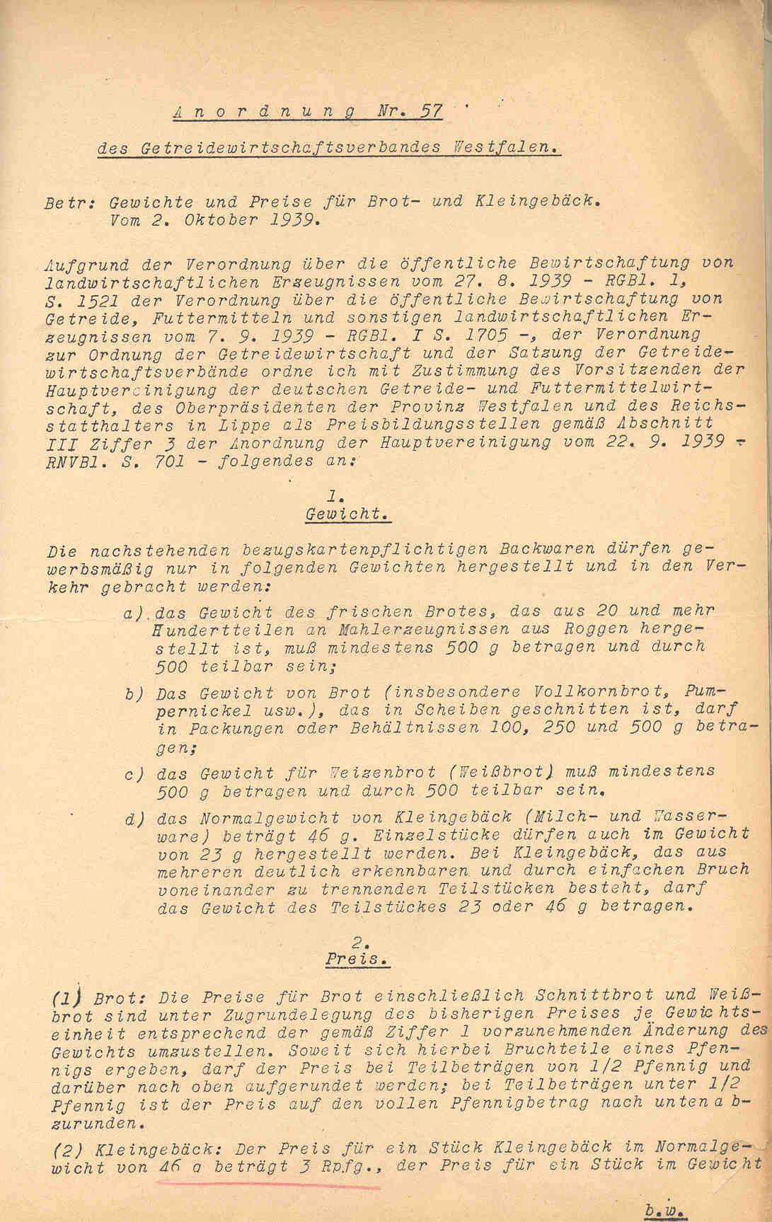 Preisüberwachung bei Brot und Kleingebäck, Herford 1939 bis 1942.