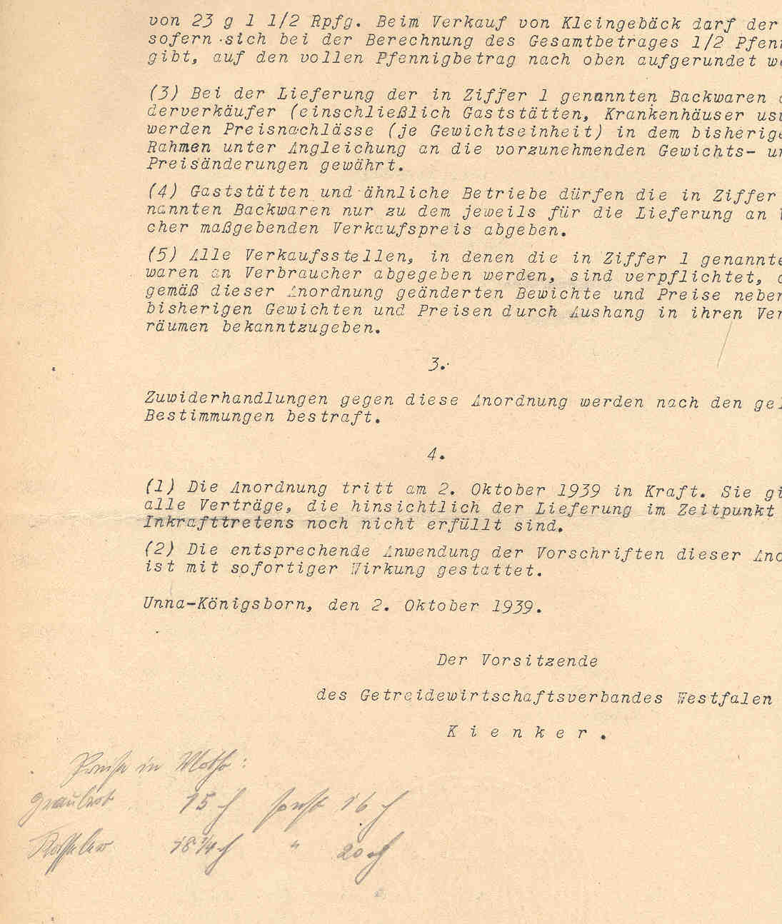 Preisüberwachung bei Brot und Kleingebäck, Herford 1939 bis 1942.
