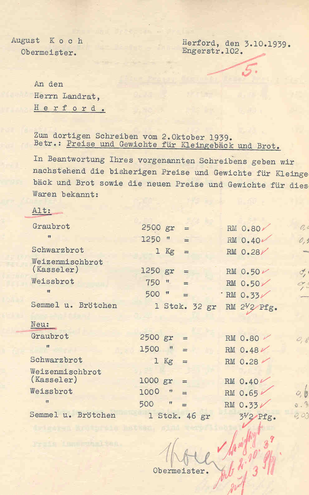Preisüberwachung bei Brot und Kleingebäck, Herford 1939 bis 1942.