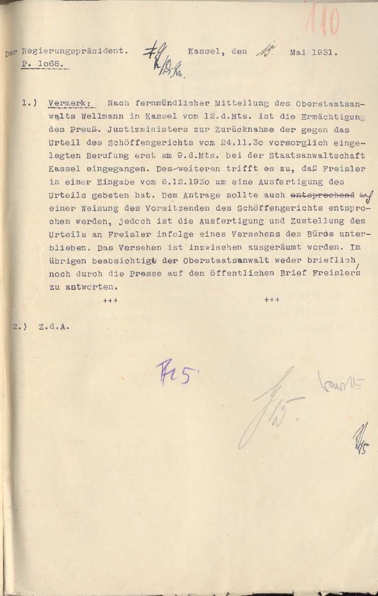 Aktenvermerk des Regierungspräsidenten von Kassel