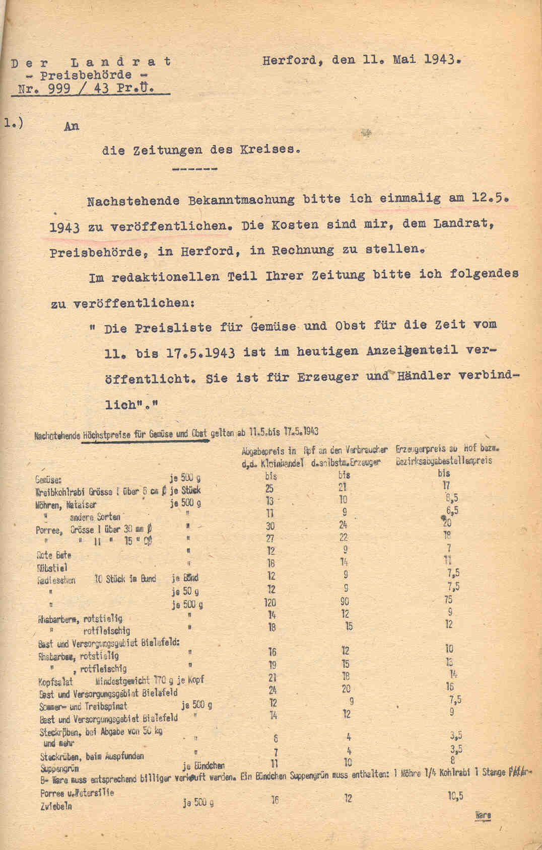 Preisfestsetzung für Gemüse und Kartoffeln, Herford 1943 bis 1949.
