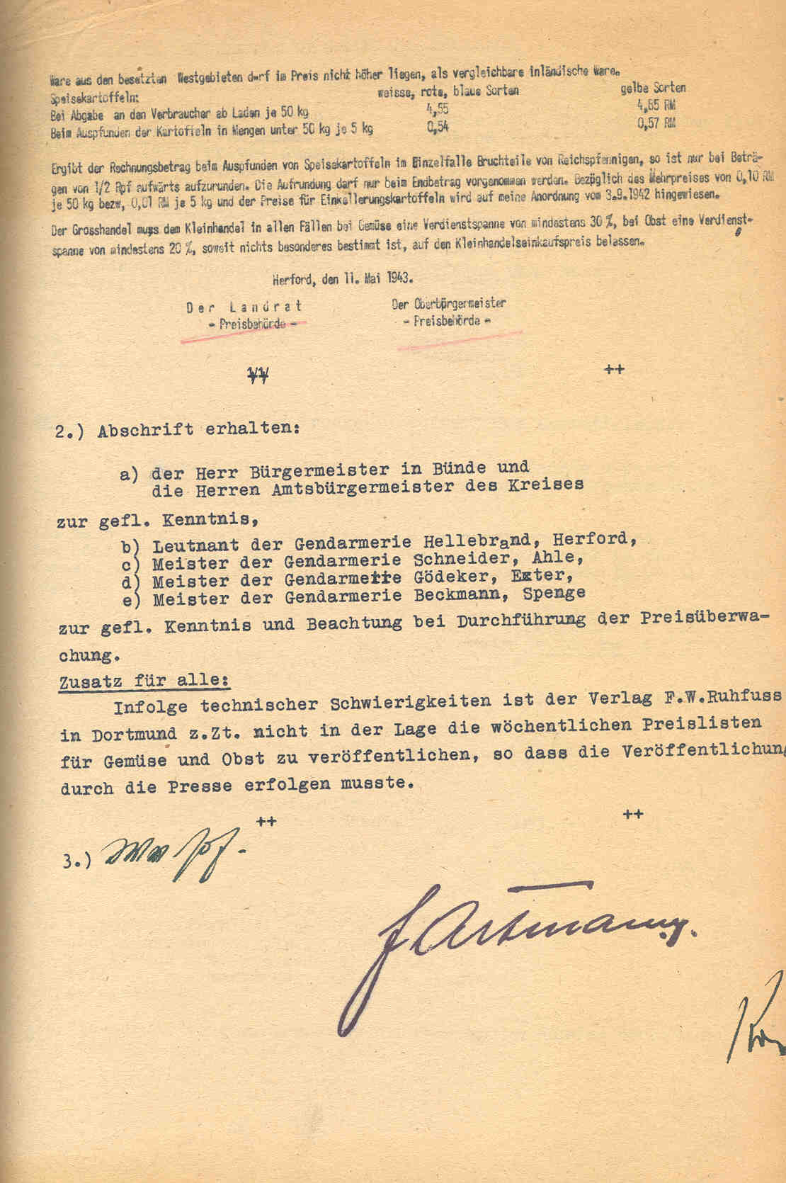 Preisfestsetzung für Gemüse und Kartoffeln, Herford 1943 bis 1949.