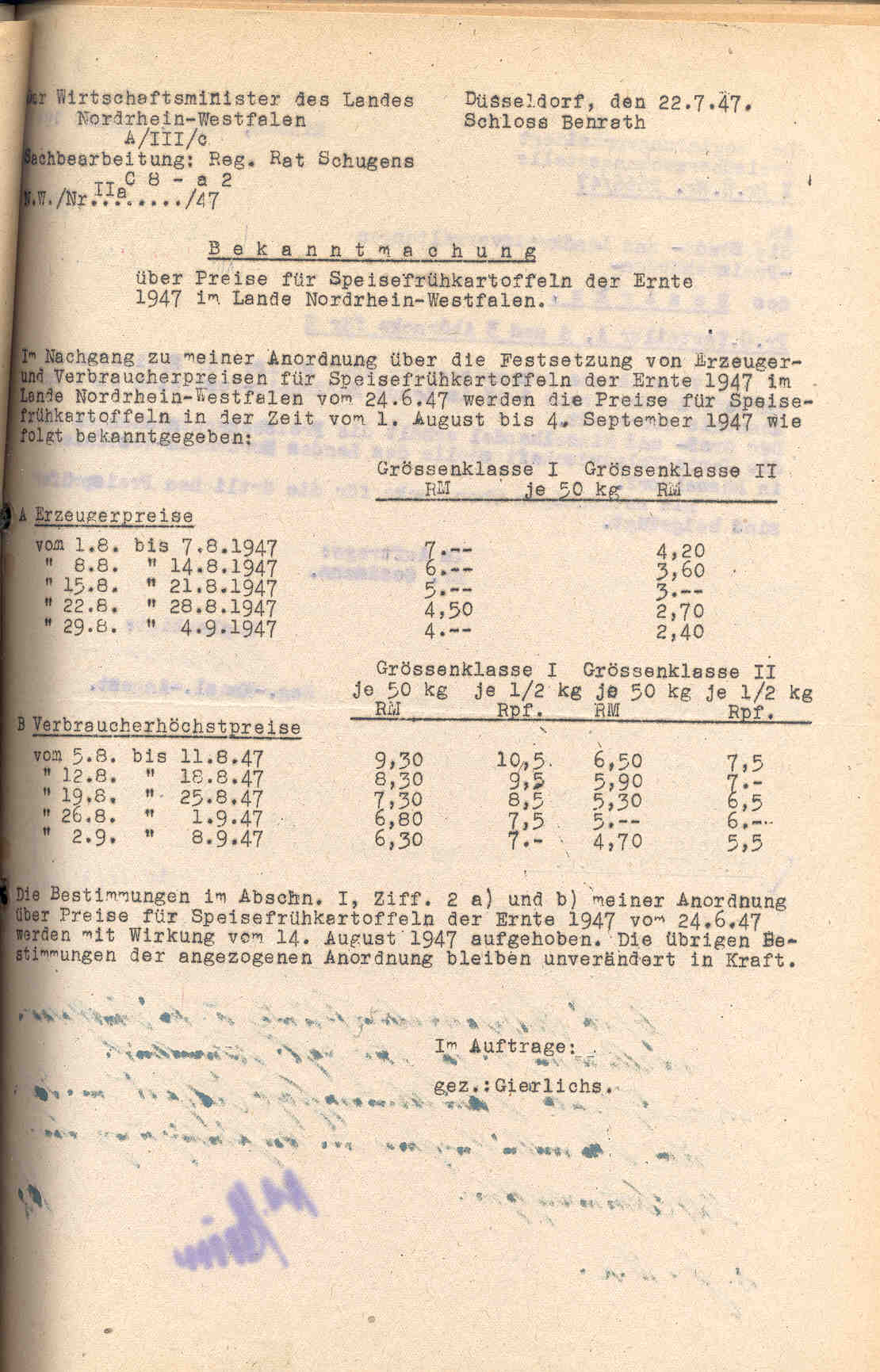 Preisfestsetzung für Gemüse und Kartoffeln, Herford 1943 bis 1949.