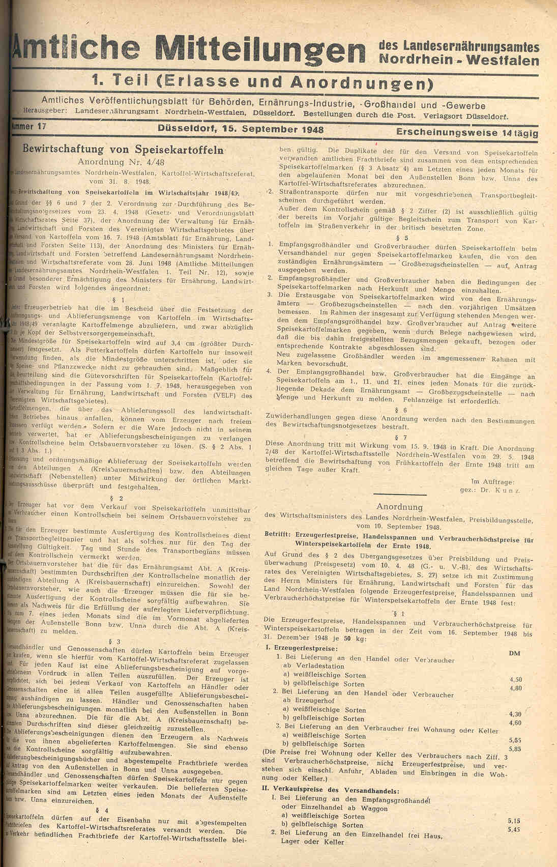 Preisfestsetzung für Gemüse und Kartoffeln, Herford 1943 bis 1949.