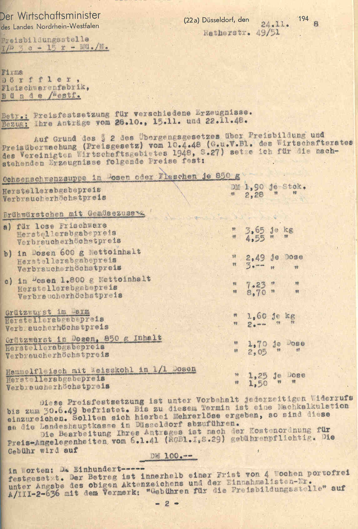 Festsetzung von Preisen, v.a. für Haushaltswaren und Kinderspielzeug, Herford 1946 bis 1948.